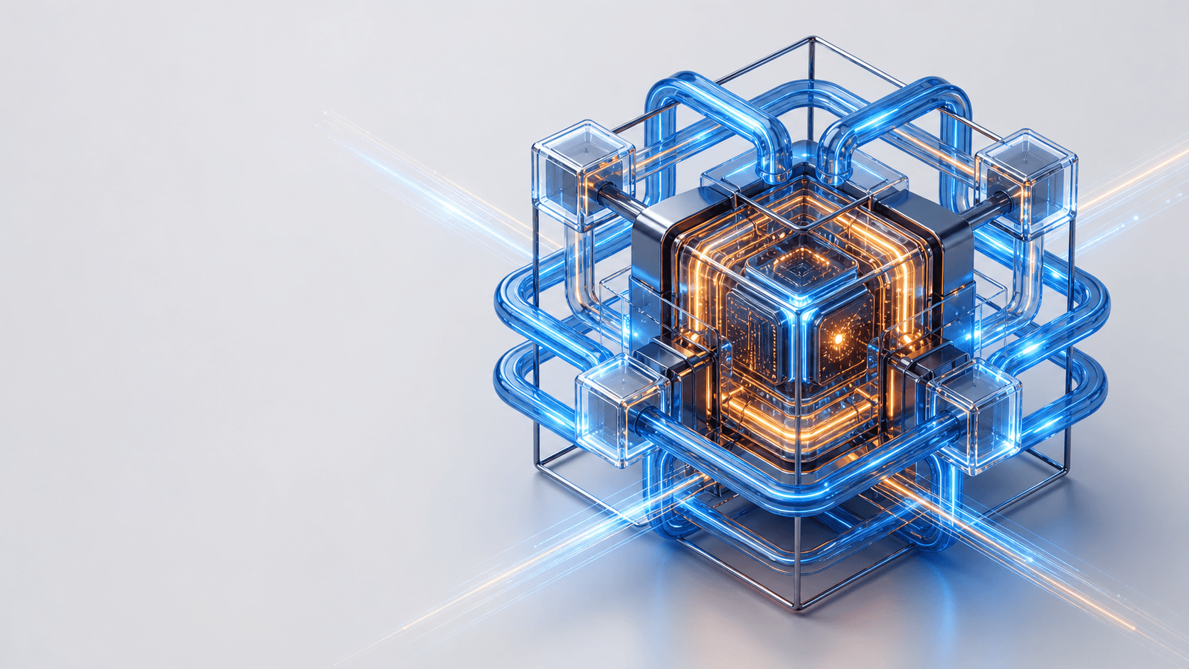 Prometheas 3D enterprise platform cube with glass conduits and AI orchestration core